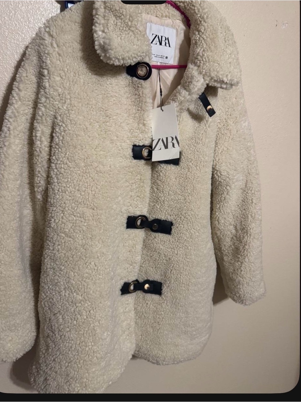ZARA Cream Teddy Toggle Pea Coat with Black Accents